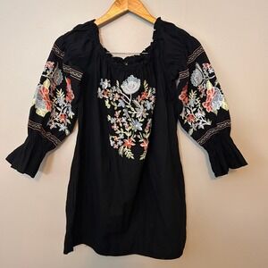 Free People Womens S Black Embroidered Off Shoulder Boho Floral Dress Tunic